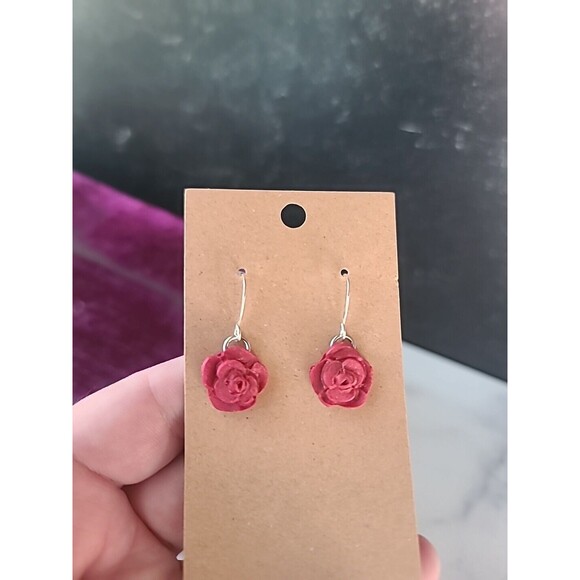 Polymer Clay Red Floral Dangling Earrings New - Picture 1 of 10